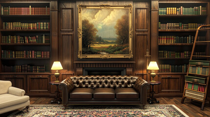 Naklejka premium A traditional living room with a Chesterfield sofa, a mahogany bookcase filled with leather-bound books, and a Persian rug. An oil painting of a landscape hangs above the fireplace