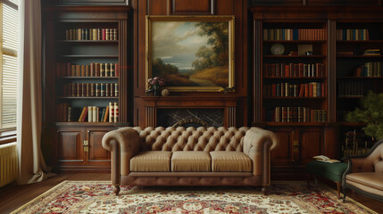 A traditional living room with a Chesterfield sofa, a mahogany bookcase filled with leather-bound books, and a Persian rug. An oil painting of a landscape hangs above the fireplace. 
