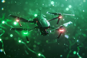 Fotobehang A drone on a uniform dark green background in robotic style with ice lights and wires. Dark key © artdolgov