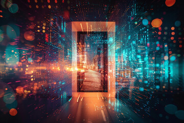 A transparent door with a virtual reality key in the keyhole, against a digital world of colorful...