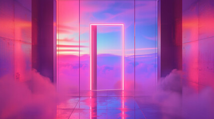 A transparent glass door with virtual reality keys floating in the air, against a digital neon pink and purple gradient background.