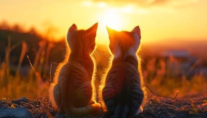 Two kittens sitting looking at the sunset