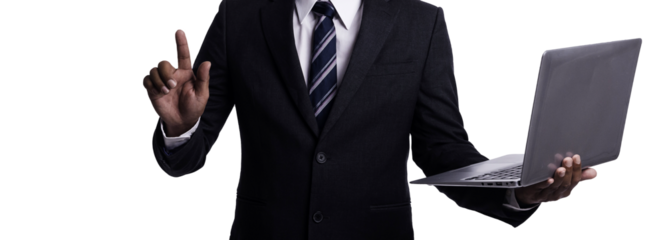 Businessman using laptop for presentation, isolate background, transparent background.