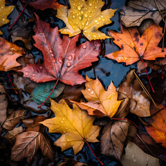 Naklejka na ściany i meble Colorful autumn leaves on a forest floor.