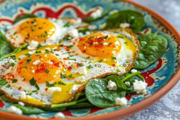 Sunny Side Up Eggs on Spinach with Feta Cheese