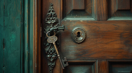 An antique, carved oak door left open, with a vintage key set resting on the threshold. The background is a deep emerald green, enriching the image's texture. - obrazy, fototapety, plakaty