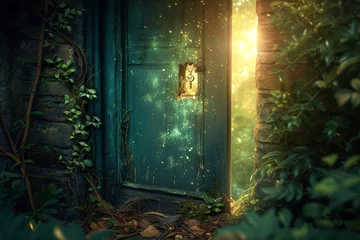 Poster An enchanted forest door slightly open, with a magical key in the keyhole, leading to a realm of mythical creatures. © Abdul