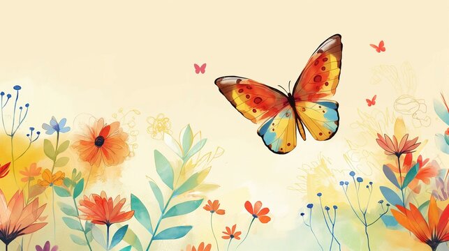 Colorful Watercolor Spring Background with Butterfly and Flowers