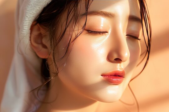 Beauty image of Asian women Towel white, skin care, esthetic skin, body care 