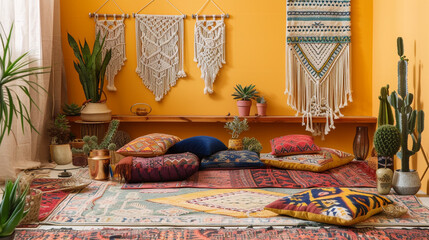 Bohemian chic living room with layered rugs, low floor seating, colorful cushions, macrame wall hangings, and potted succulents. Background color mustard yellow.