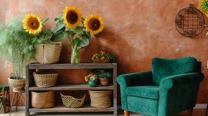 Rolgordijnen Bohemian corner, terracotta wall, emerald green armchair, rustic wood shelf with plants, woven baskets, and a vase of sunflowers on a distressed wood table. Soft, filtered light. © Abdul