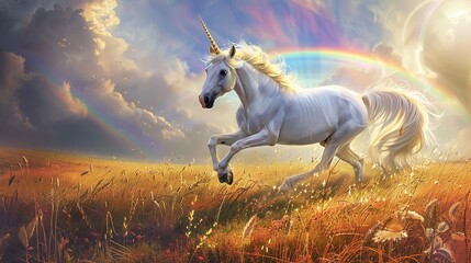 Unicorn with rainbow in the field