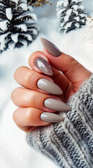 Womans Hand With Grey Nails and White Sweater