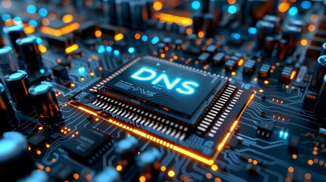 A close-up view with the acronym DNS displayed on a microchip, representing the concept of Domain Name System.
