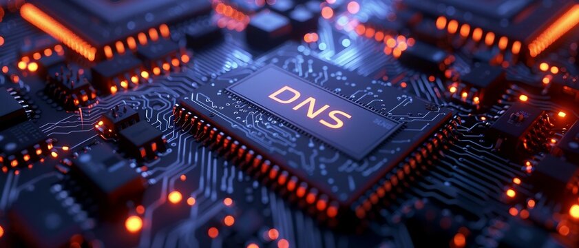 A close-up view with the acronym DNS displayed on a microchip, representing the concept of Domain Name System.
