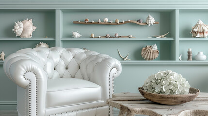 Coastal breeze, seafoam green wall, white leather armchair, open shelving with seashells, coral pieces, and a bowl of hydrangeas on a driftwood table.  - obrazy, fototapety, plakaty