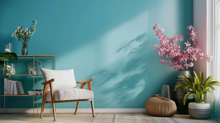 Contemporary space with an ice blue wall, featuring a comfortable armchair, shelf unit with modern decor, and spring flowers near a light wall.