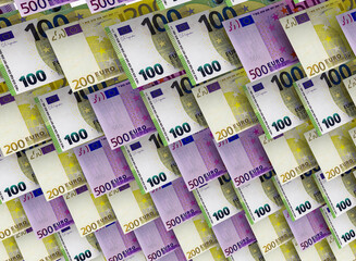 Official Money of the European Union, Euro Currency. Money, euro, fifty, two hundred and one hundred Euro notes in close-up
