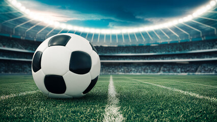 Soccer ball resting on a grass field in a soccer stadium. Fans cheering in the stands. 02.