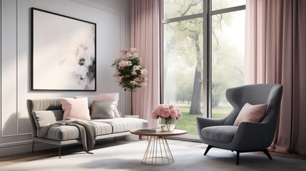 Elegant Living Room with Modern Grey Armchair and Floral Decorations