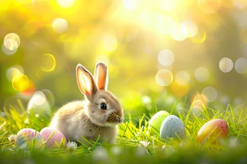 Poster Cute Easter rabbit with decorated eggs and flowers on spring sunny landscape. Little bunny in the meadow. Happy Easter greeting card, banner, border  © ratatosk