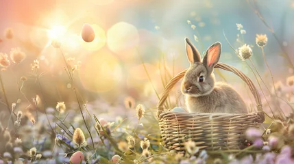 Foto op Aluminium Cute fluffy rabbit sitting in basket with colorful eggs on spring field with flowers and grass. Happy Easter. Cottagecore. Background, card, banner with copy space © ratatosk