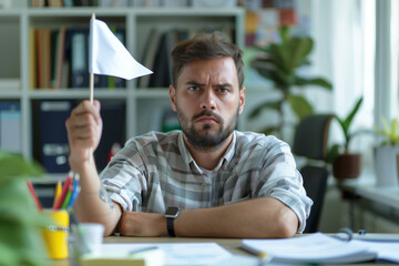 Burnt Out White Man Waving White Flag at Work, Quiet Quitting or Retiring - obrazy, fototapety, plakaty