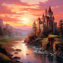 sunset over the castle - obrazy, fototapety, plakaty