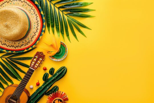 Mexican Cinco de Mayo holiday background with mexican cactus,guitars, sombrero hat, maracas, Bright yellow flat lay with traditional Cinco de Mayo decor and party accessories - generative ai