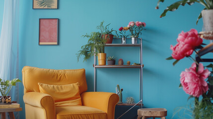Minimalist interior, sky blue wall, mustard armchair, metal shelf with succulents, art, and peonies on a wooden stool.