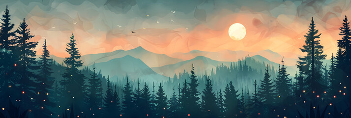 Dusky Sunset Landscape: Serene Forest with Shimmering Fireflies - obrazy, fototapety, plakaty
