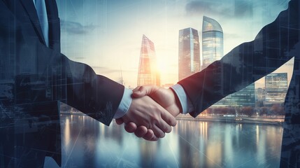 Double exposure: successful business partnership meeting - businessmen handshake in london...