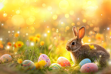 Cute Easter rabbit with decorated eggs and flowers on spring sunny landscape. Little bunny in the meadow. Happy Easter greeting card, banner, border	