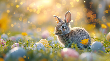 Cute Easter rabbit with decorated eggs and flowers on spring sunny landscape. Little bunny in the meadow. Happy Easter greeting card, banner, border	