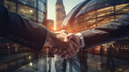 Double exposure: successful business partnership meeting - businessmen handshake in london cityscape | business deal, collaboration, teamwork concept

