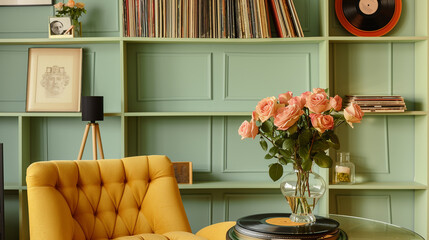 Retro vibe, pastel green wall, mustard yellow armchair, vintage shelving with classic novels, vinyl records, and a glass vase of roses on a retro coffee table. Warm, cozy lighting.