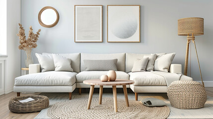 Scandinavian-style living room with white L-shaped couch, knitted throw blankets, round wooden coffee table, and minimalist artworks on a light gray wall. Background color ice blue.