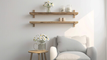Scandinavian charm, crisp white wall, light grey armchair, natural wood shelves with minimalist decor, and a cluster of daisies in a mason jar on a side table. Morning sunlight. - obrazy, fototapety, plakaty
