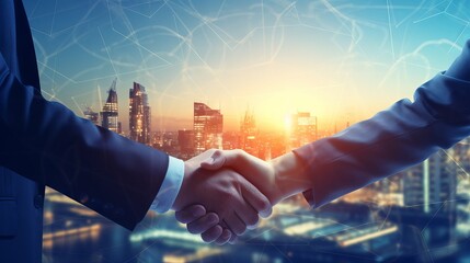 Double exposure: successful business partnership meeting - businessmen handshake in london...
