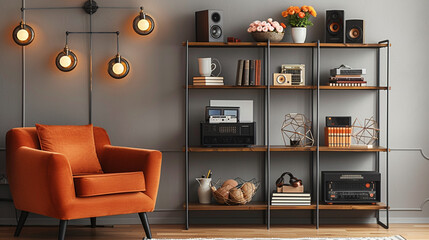Urban loft style, soft grey wall, burnt orange armchair, industrial shelving with tech gadgets, books, and a bowl of ranunculus on a sideboard. Warm, ambient lighting.