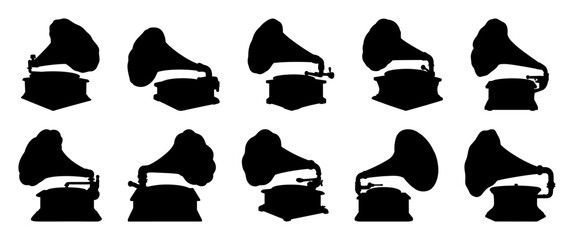 Gramophone silhouettes set, large pack of vector silhouette design, isolated white background.