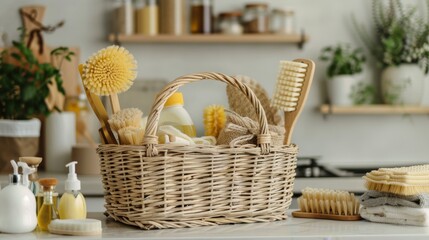 A basket filled with natural sponges, brushes, rags, and eco-friendly cleaning agents, set against a modern kitchen backdrop, aligning with the house cleaning concept - obrazy, fototapety, plakaty