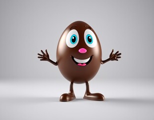 A brown chocolate easter egg shaped like a brown egg with blue eyes and a pink nose.