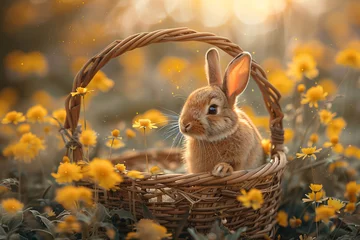 Foto op Aluminium Cute fluffy rabbit sitting in basket on spring field with flowers and grass. Happy Easter. Cottagecore. Background, card, banner with copy space © ratatosk