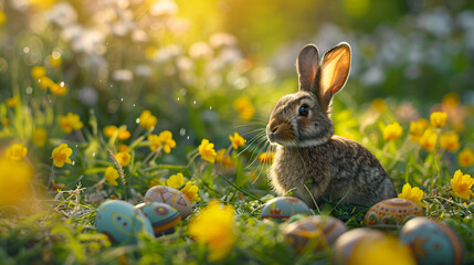 Fototapeta na wymiar Cute Easter rabbit with decorated eggs and flowers on spring sunny landscape. Little bunny in the meadow. Happy Easter greeting card, banner, border 