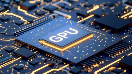 A close-up view with the acronym GPU displayed on a microchip, representing the concept of Graphics Processing Unit.
 - obrazy, fototapety, plakaty