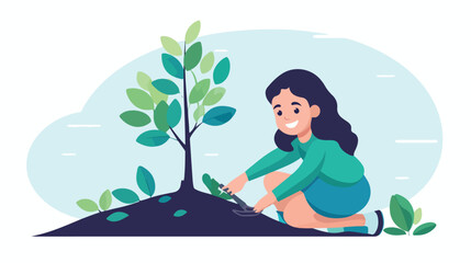 Obraz na płótnie Canvas Child boy and girl planting tree together flat vect