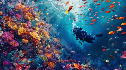 A diver explores an enchanting underwater world, rich with vibrant coral gardens and a kaleidoscope of tropical fish - obrazy, fototapety, plakaty