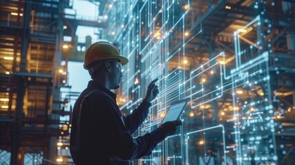 An engineer in protective gear interacts with a complex digital interface, displaying futuristic holograms, against the backdrop of an industrial plant