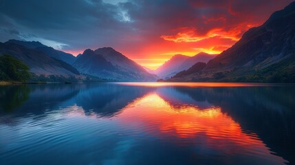 Fototapeta na wymiar The sun sets behind mountain peaks, casting vibrant hues over a tranquil lake, creating a serene reflection on the water's surface.